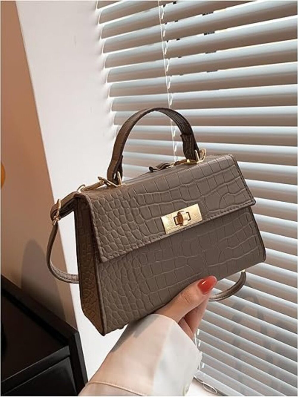 Neiman Marcus Brown PU Croc-Embossed Leather Small Crossbody Purse